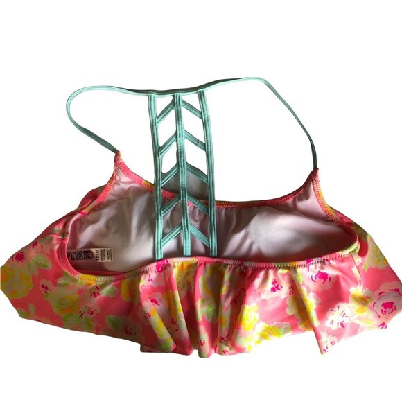 Pink Victorias Secret Swim Suit Top Pink Yellow Padding Overlay Size Medium - Picture 2 of 4